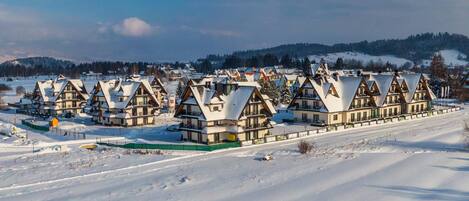 A row of chalet-style buildings with steep roofs, surrounded by snow-covered fields and hills.