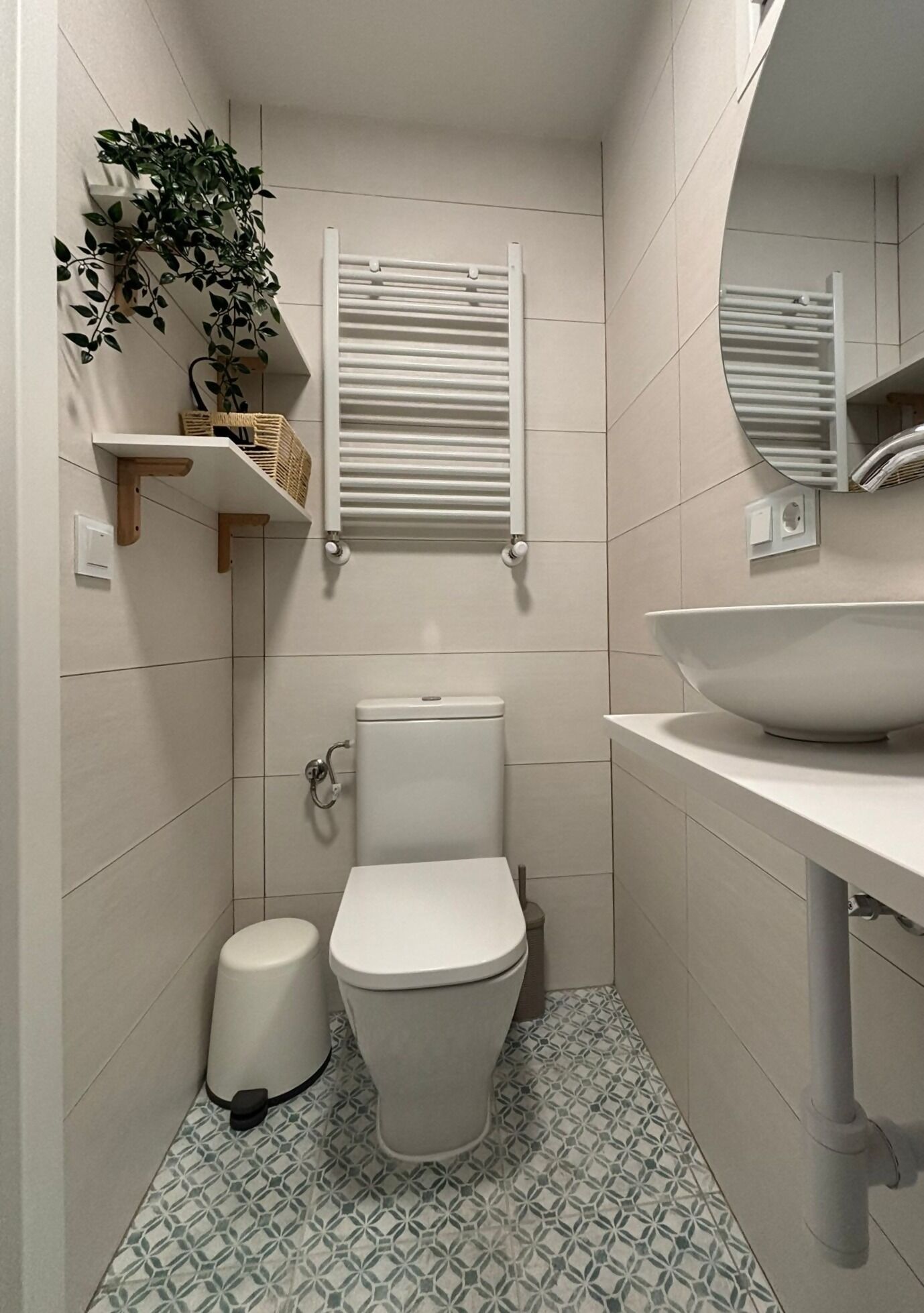 A small, modern bathroom with a toilet, bidet, and a white sink with a large bowl. There is a mirror above the sink and a plant on a shelf.