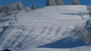 Une piste de ski enneigée, avec des traces de skis et un petit chalet.