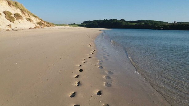 Une plage de sable où l’on peut voir des empreintes menant à l’eau, un ciel dégagé et, au loin, une colline verdoyante.