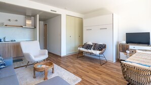 A modern, well-lit room with a wooden floor, a sofa, a chair, a small table, a television, and a wardrobe. - "Charming Studio in Central Arcachon with Balcony, Steps from Beach - Sleeps 2" (Arcachon)