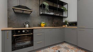 Fridge, microwave, oven, stovetop