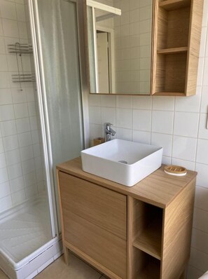 Bathroom features a sink, vanity, and shower with a glass door.