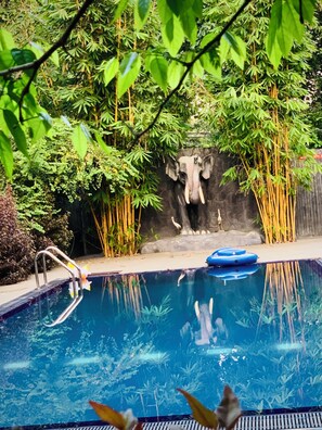 A swimming pool with a stone wall and bamboo plants. - Sigiriya Cashew Palace Resort (Diganpathaha)