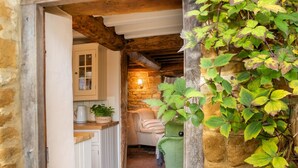 Una cocina acogedora con paredes de piedra, techo de madera y una planta verde.