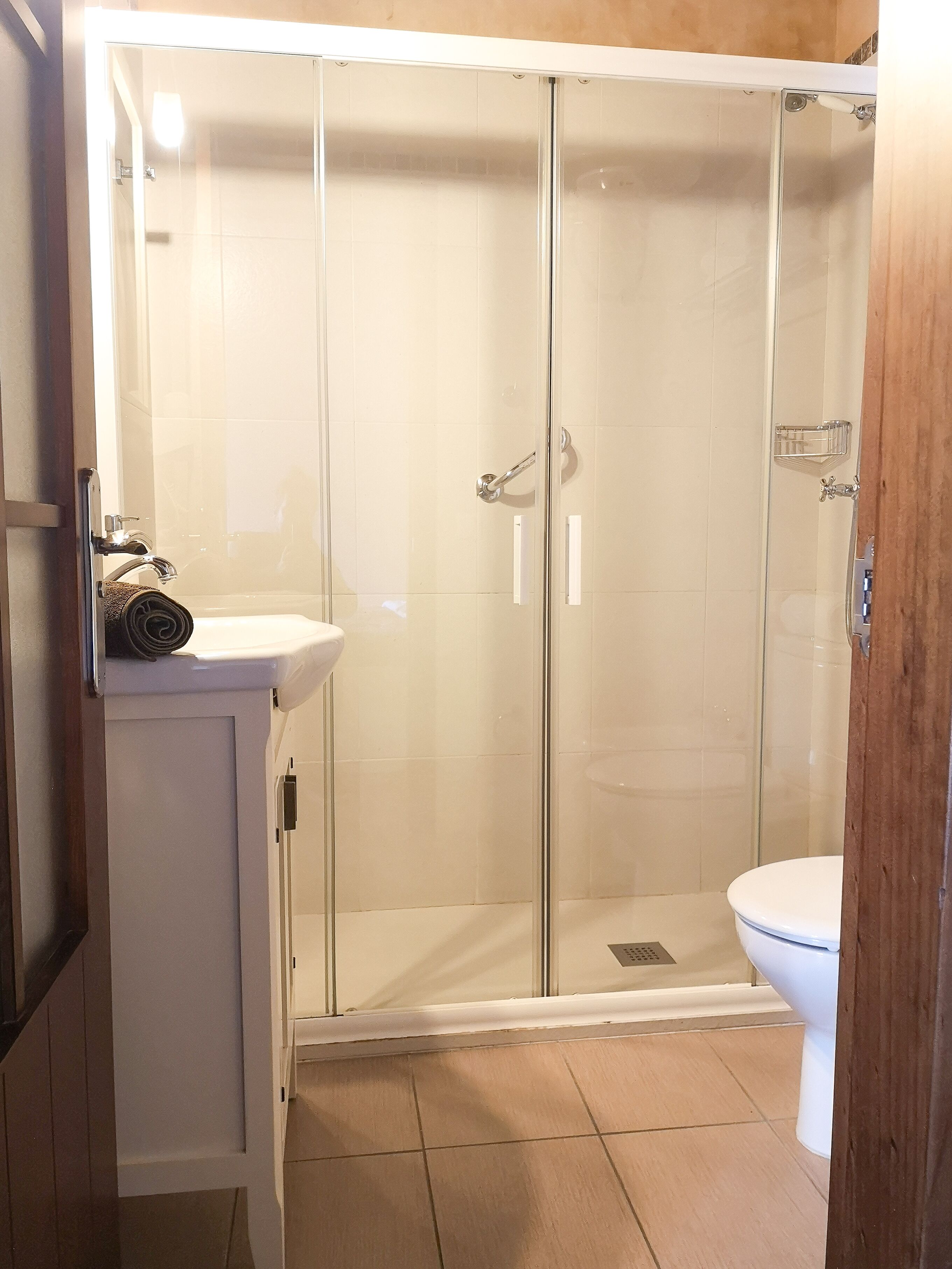 A bathroom with a glass-enclosed shower, a white sink, and a toilet.