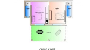 A floor plan of a hotel with a terrace piano area, ensuite bathroom, and a room with a camera and ensuite bathroom. - Limonaia, one-bedroom terraced house PLUS (Cecina)