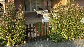 A patio area with a hammock, a table, and chairs. There is a wooden fence and a sign indicating a BBQ zone. - Cantine, one-bedroom terraced house (Cecina)