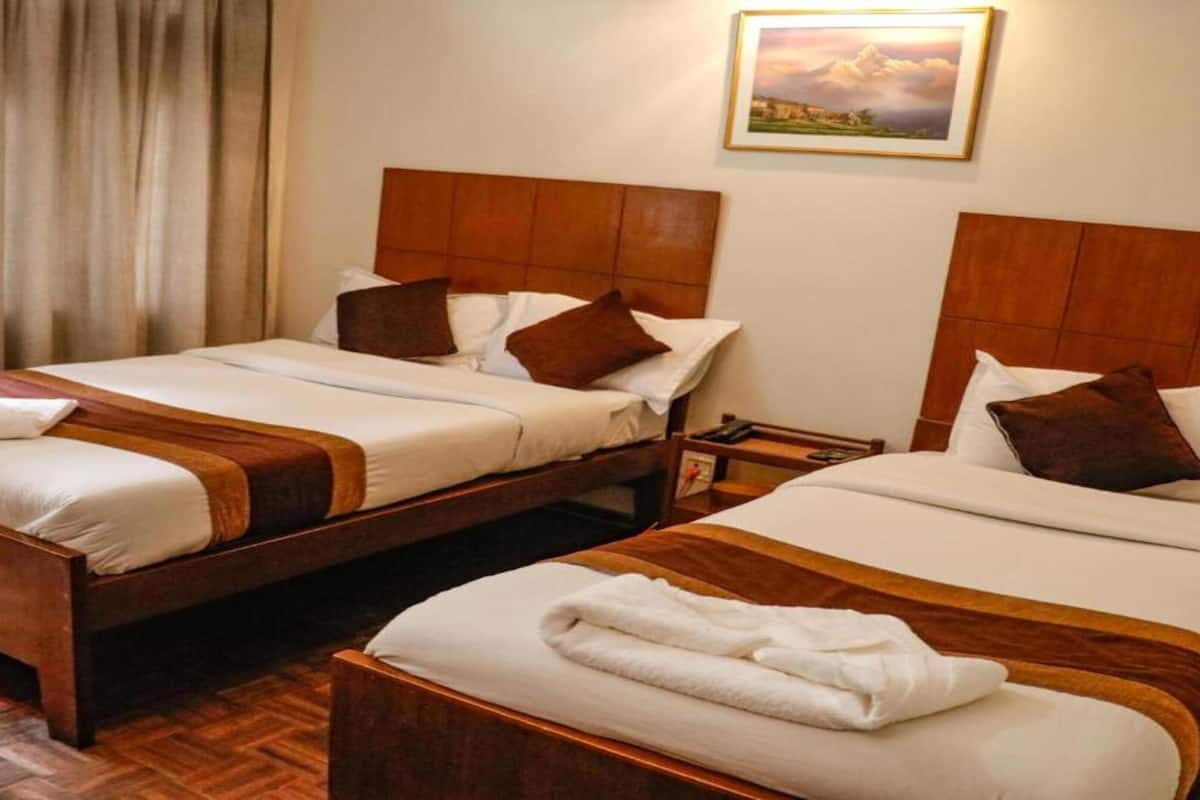 A hotel room with two wooden beds, each with white linens and brown decorative pillows. There is a painting on the wall above the beds.