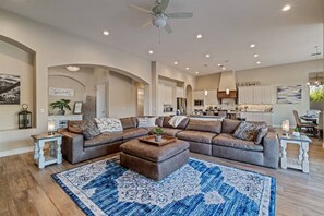 Smart TV, fireplace, books