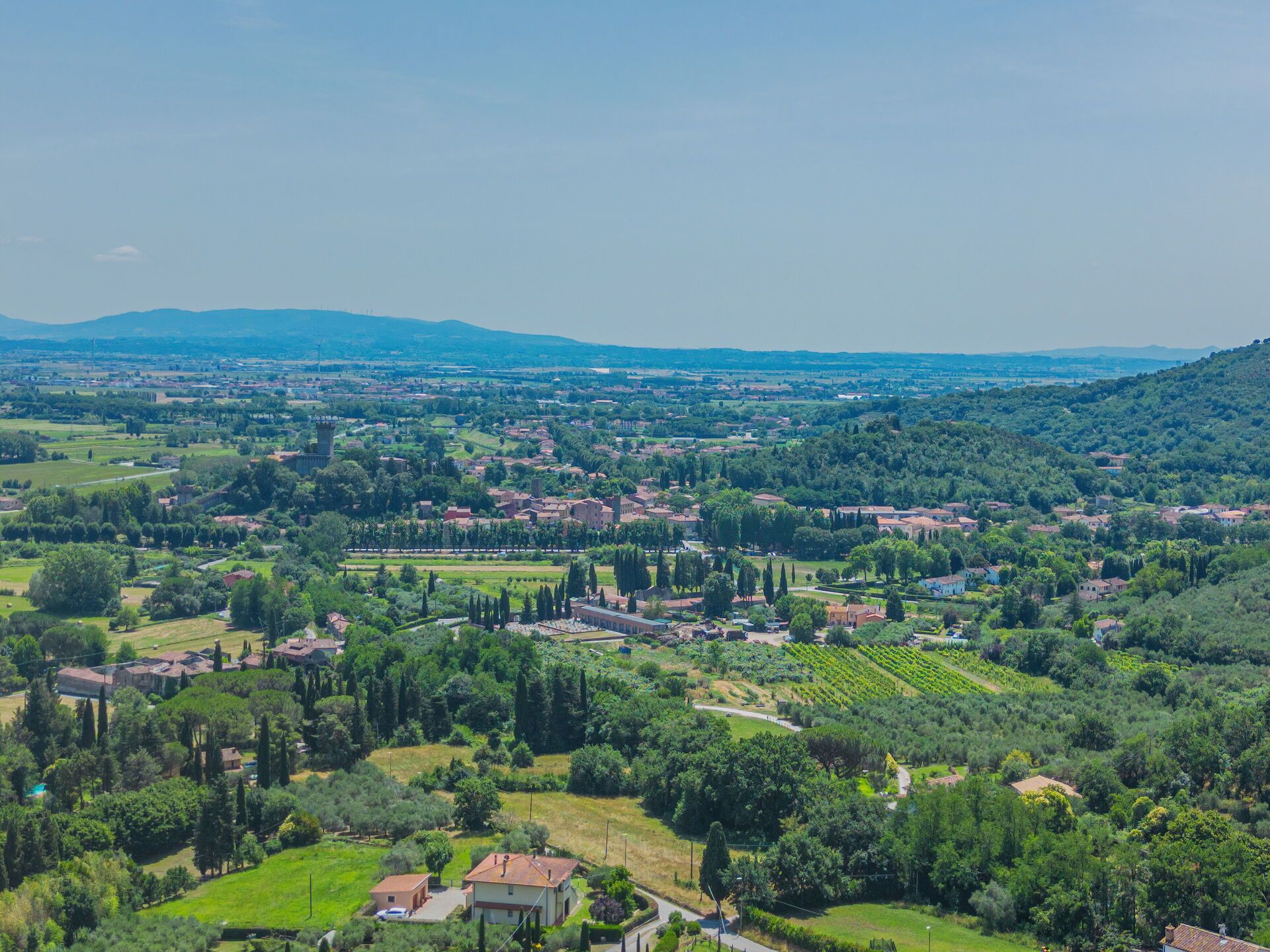 A rural landscape with a village, vineyards, and rolling hills.