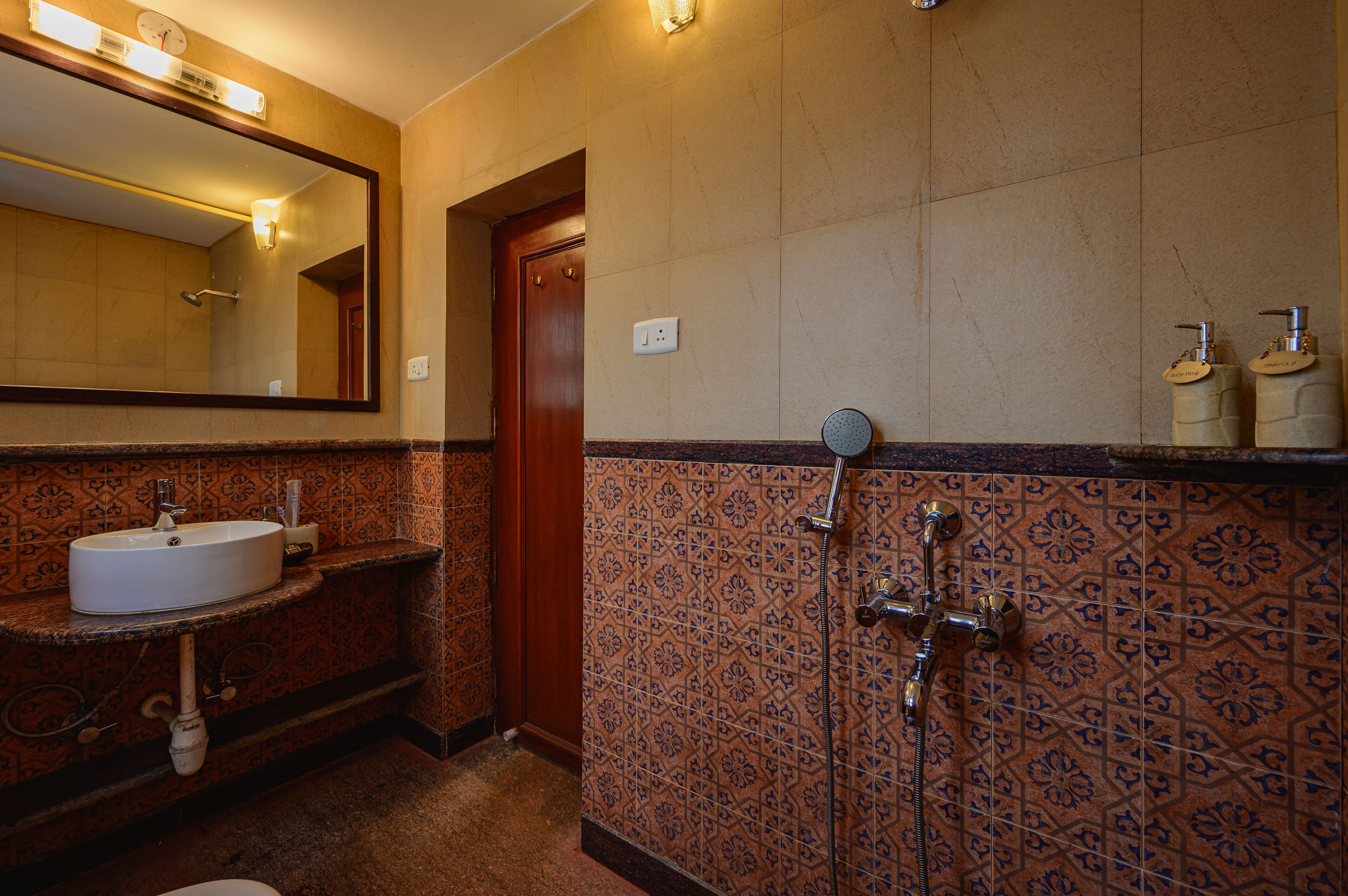A bathroom with a sink, mirror, shower, and patterned tiles.