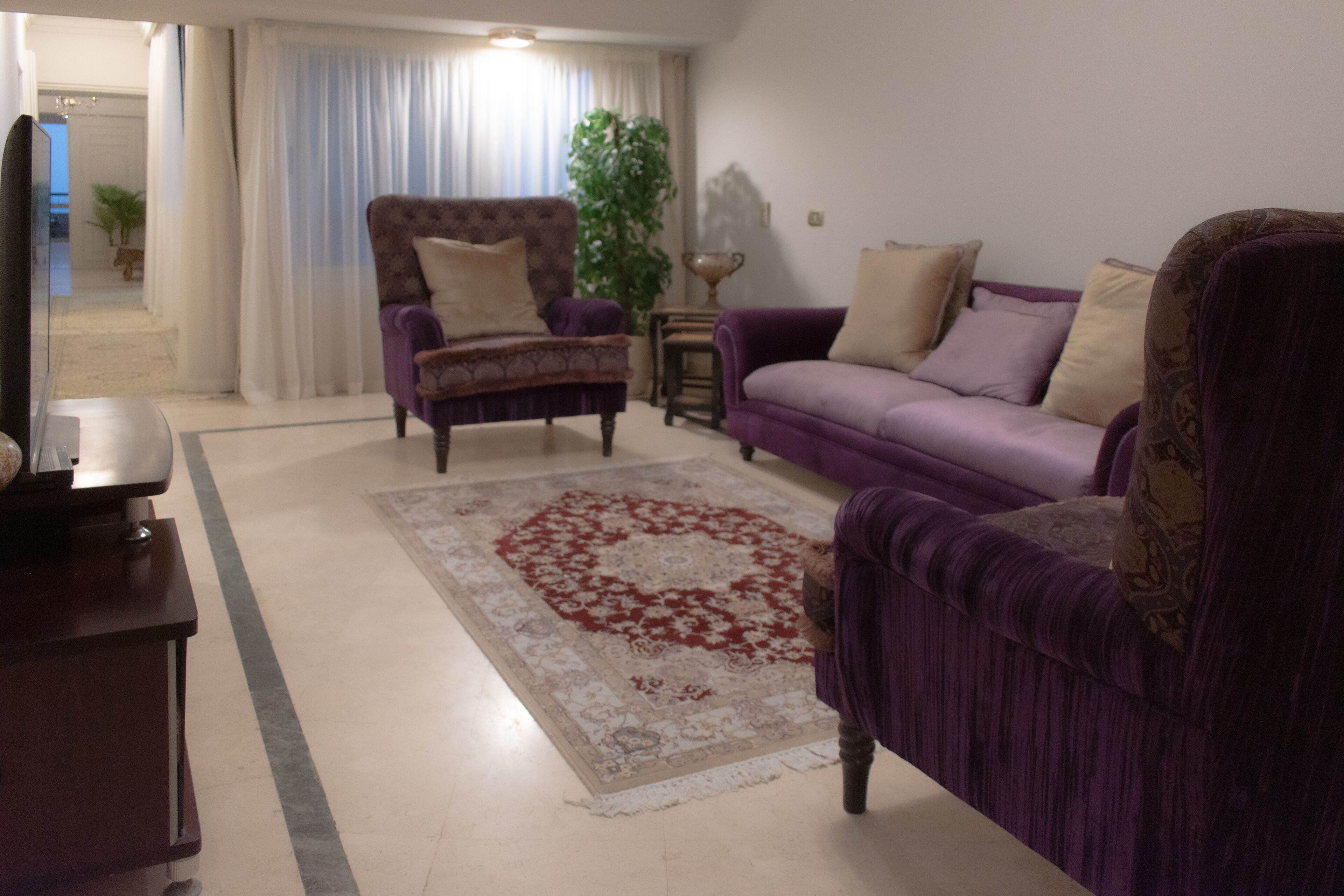 A living room with a purple sofa, a patterned armchair, and a red and white rug.