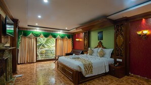 A spacious bedroom with a large bed, a wooden nightstand, and a television on the left wall. - NRS Royal Palace (Brahmagiri)