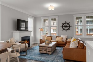 Smart TV, fireplace, video games, DVD player