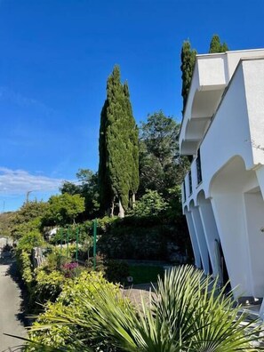 Un edificio con fachada blanca y techo inclinado, rodeado de abundante vegetación y árboles.