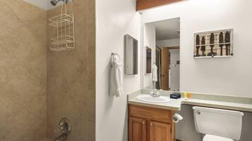 A bathroom with a shower, a sink, a toilet, and a mirror.