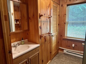 Shower, hair dryer, soap, shampoo