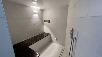 Hair dryer, towels, soap, toilet paper