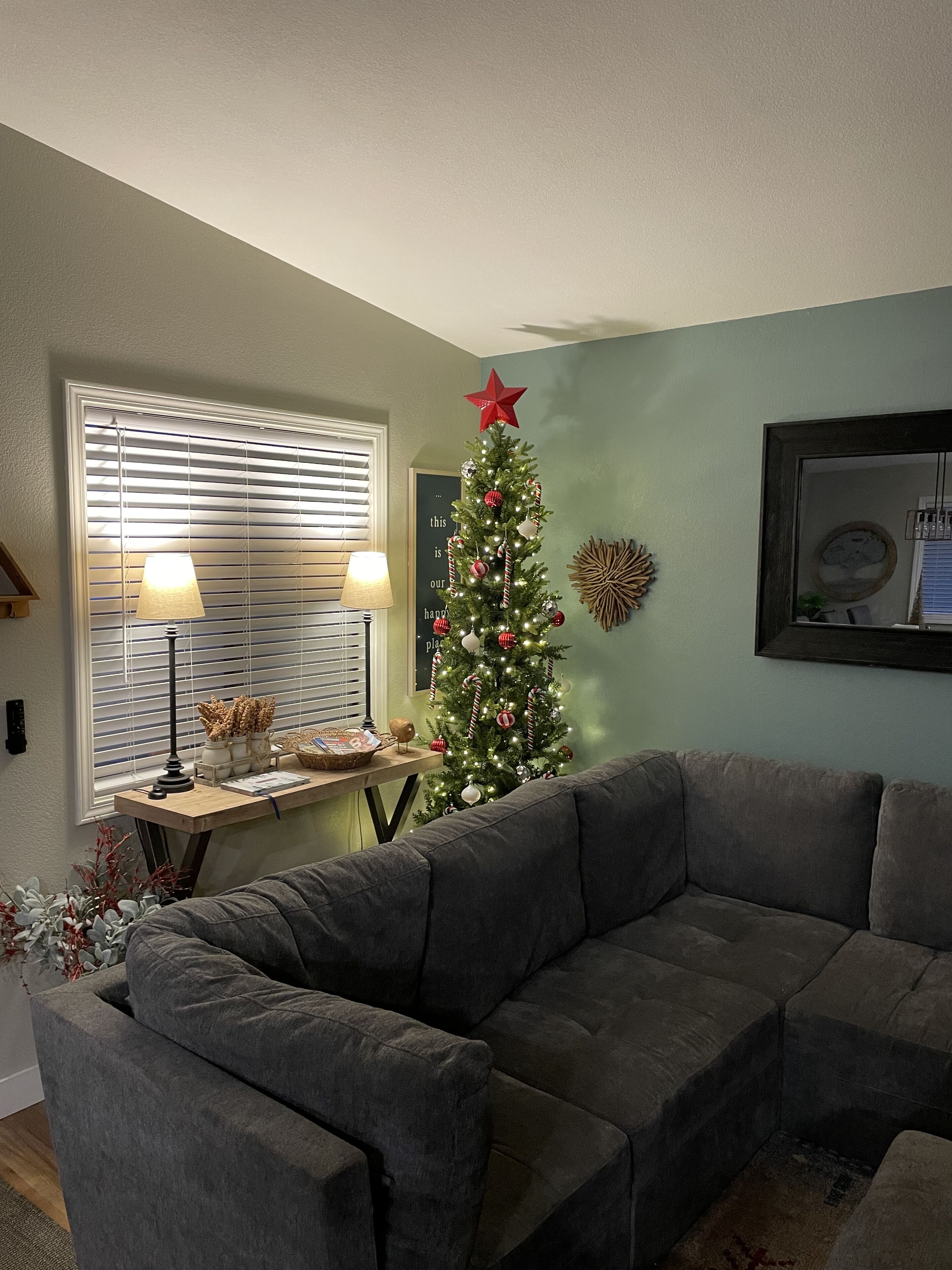 Een woonkamer met een grijze bank, een kerstboom, een lamp en een wandklok.