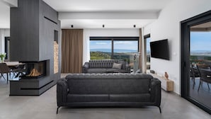 Una sala de estar moderna con chimenea, un sofá y un comedor.