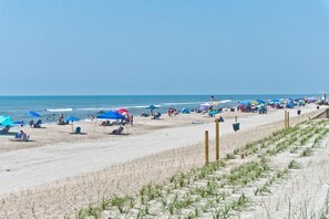 Uma praia com fileiras de cadeiras de praia e guarda-sóis, uma orla arenosa e um céu claro.