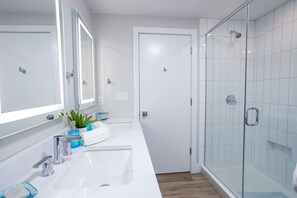 A modern bathroom with a glass shower enclosure, a white sink with a mirror, and a potted plant on the counter.