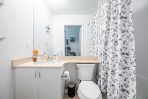Hair dryer, towels, soap, shampoo