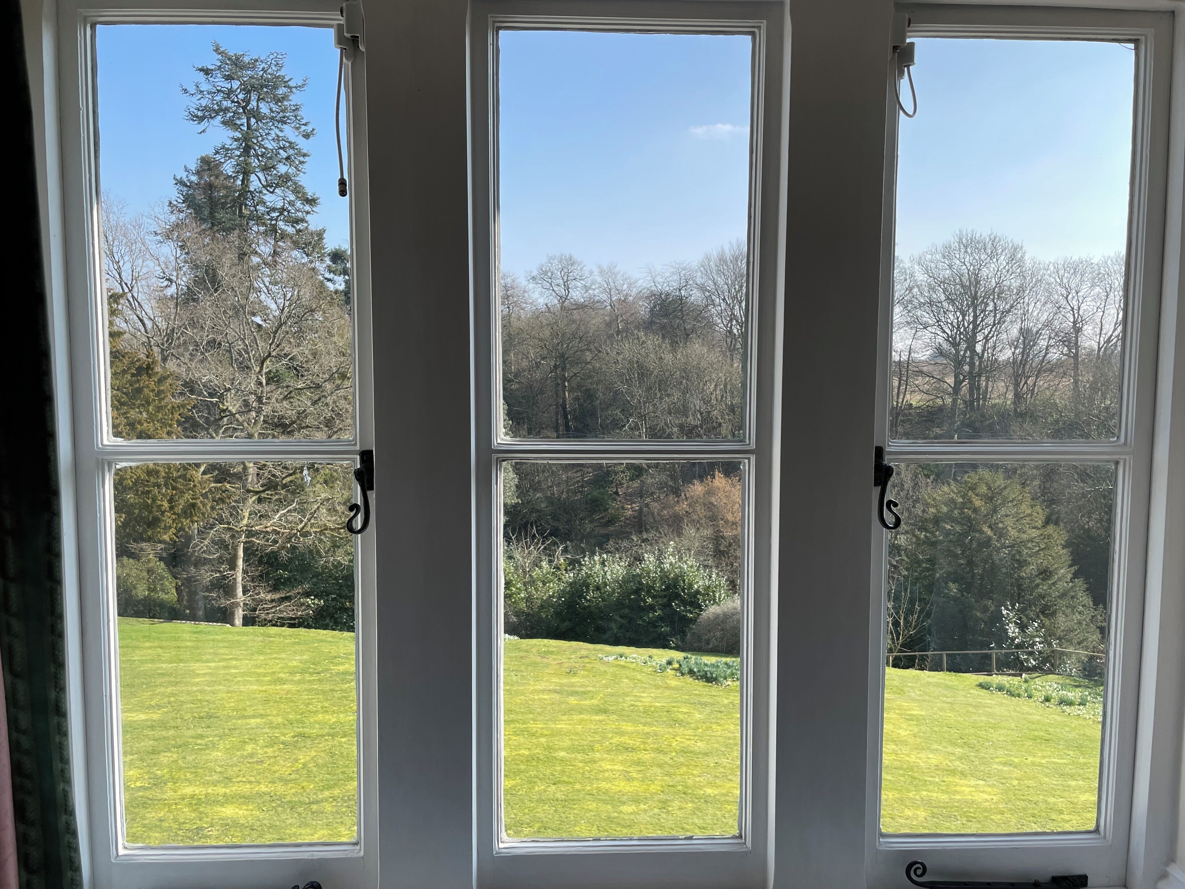 A view through a three-pane window with a view of a grassy field and trees.