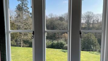 A view through a three-pane window with a view of a grassy field and trees.