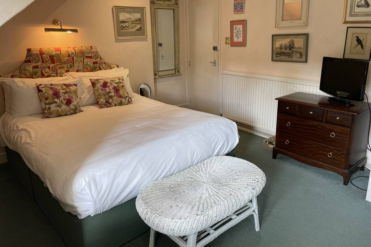 A bedroom with a bed, a dresser, a television, and a window.