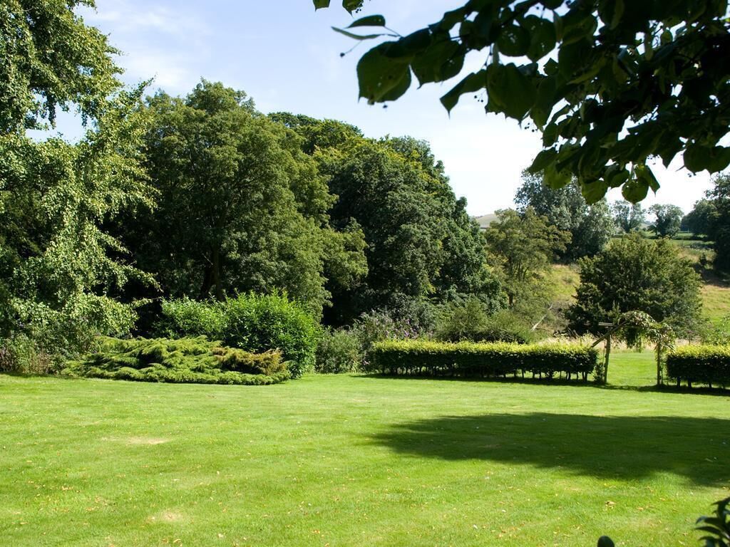 A well-maintained grassy area with neatly trimmed hedges and a variety of trees, suggesting a landscaped garden or park setting.