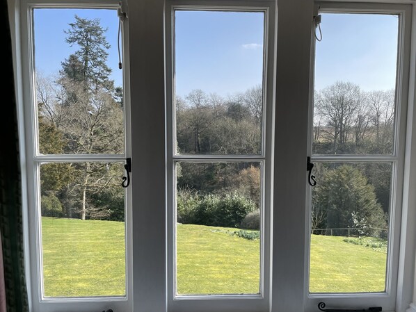 Vista a través de una ventana de tres partes, cada una mostrando un jardín con césped y árboles.