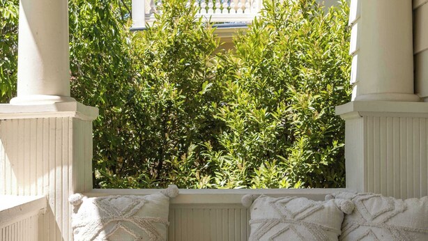 A white porch with a bench and columns, surrounded by greenery and a building in the background. - Historic Flat in Downtown Boise (Boise)