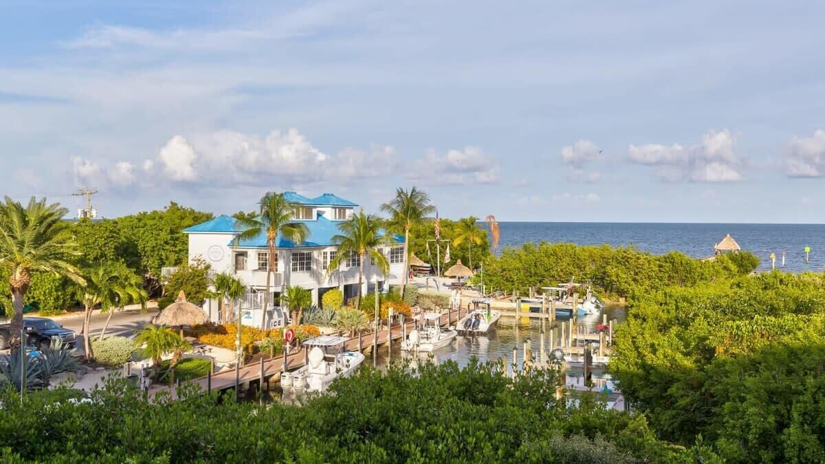 Une propriété située sur la côte, dotée d’un port de plaisance, d’une grande maison avec un toit bleu et d’une végétation luxuriante.