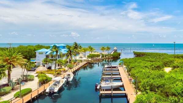 A marina with boats docked, a swimming pool, and a building with a blue roof.