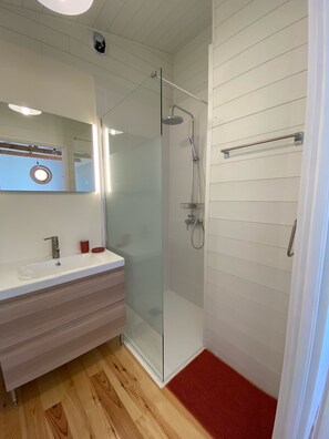 Regadera, secadora de cabello, papel de baño