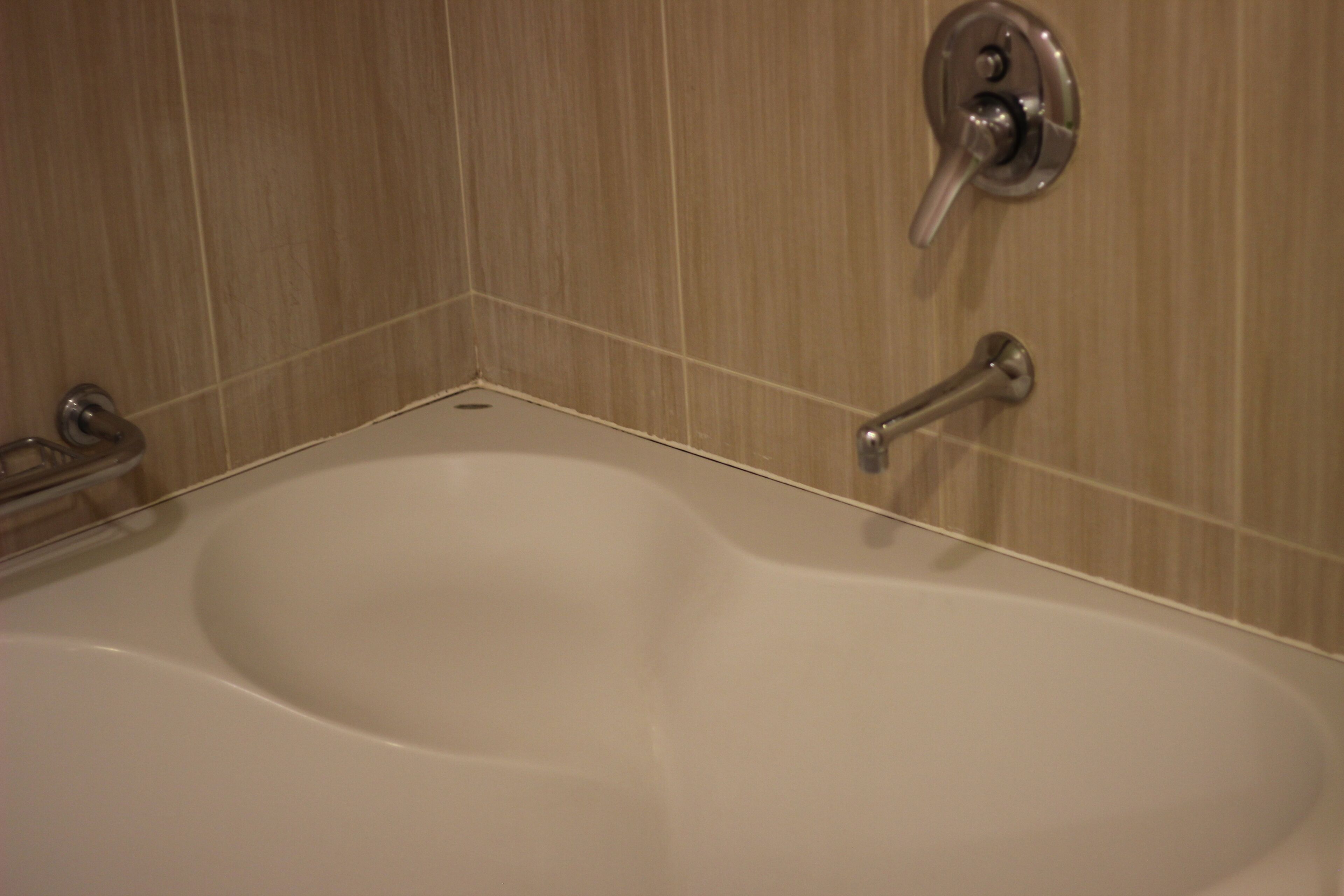 Une baignoire avec un robinet chromé et une douchette amovible.