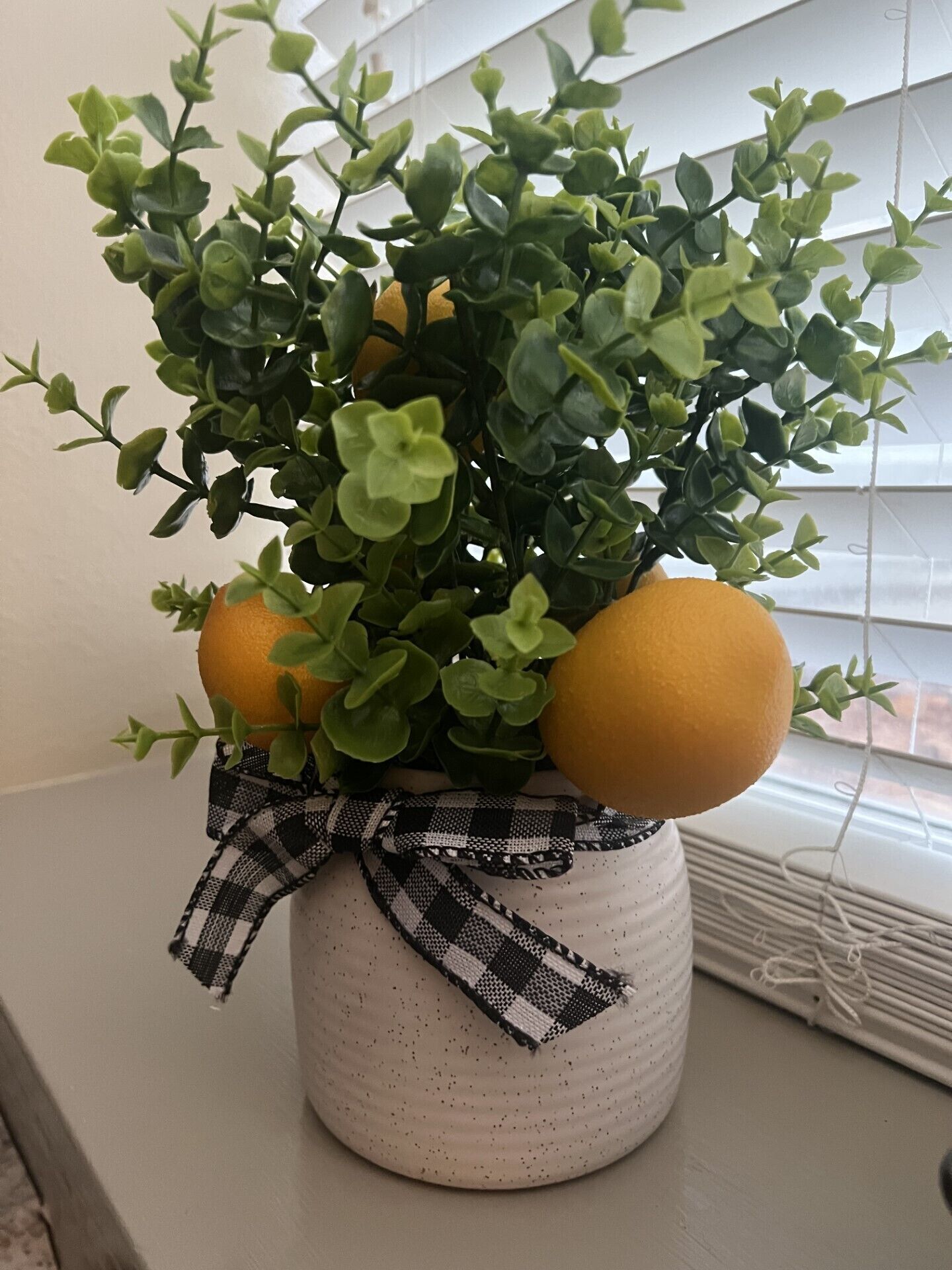 Une plante en pot, avec des feuilles vertes et deux oranges, attachées par un ruban à carreaux.