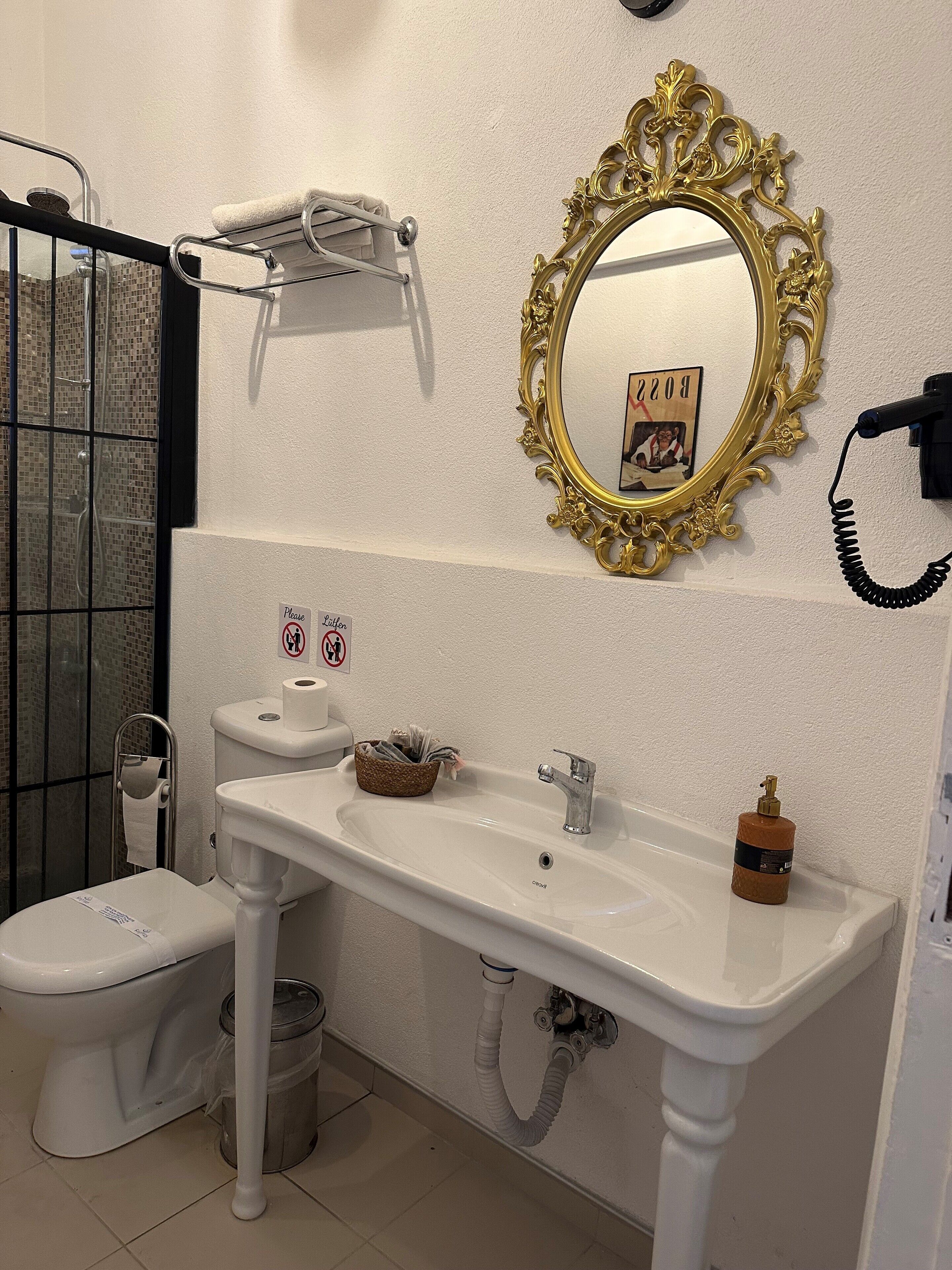 A bathroom with a white sink, toilet, and shower. There is a gold-framed mirror above the sink and a towel rack on the wall.