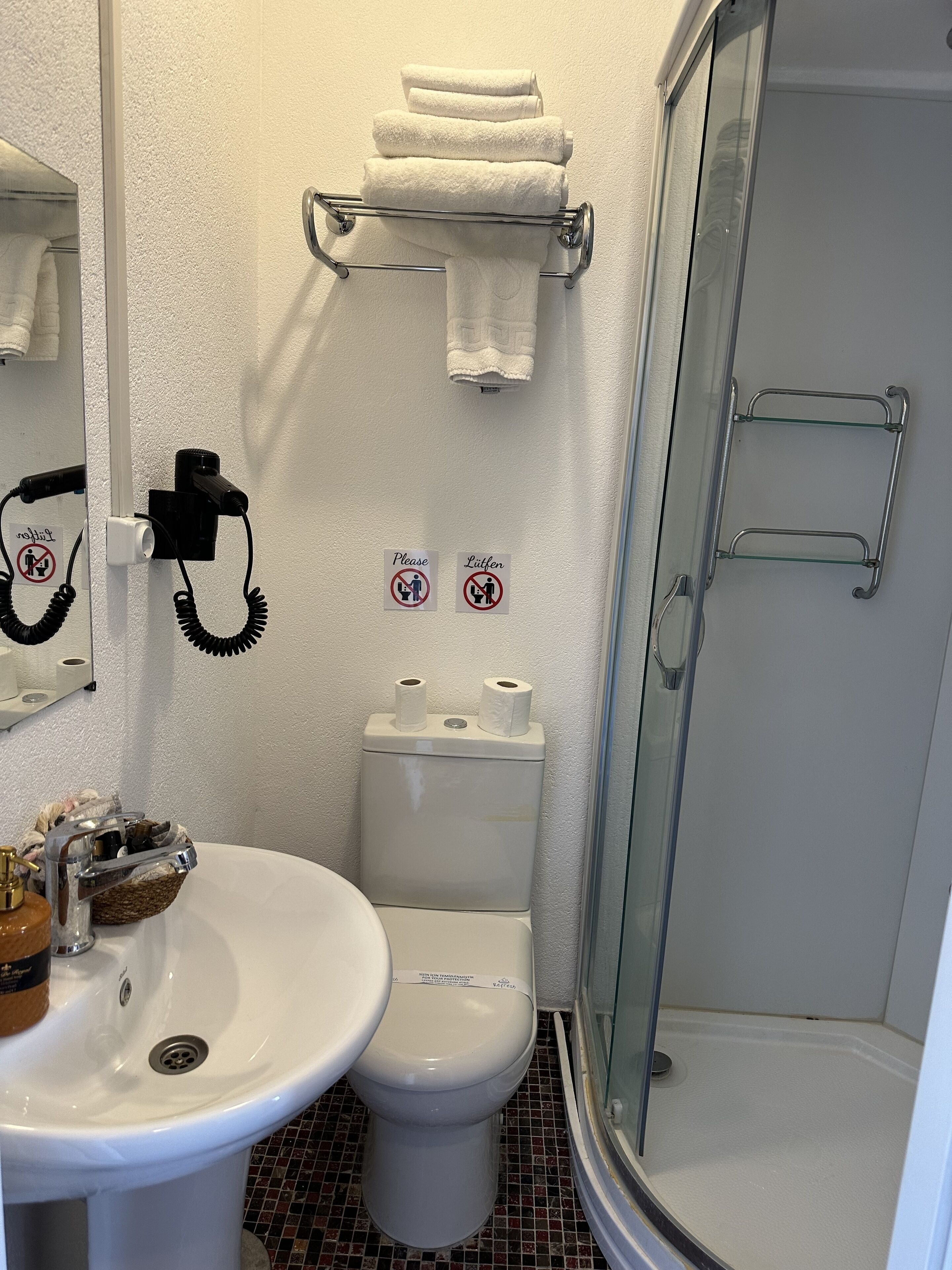 A bathroom with a toilet, sink, and shower. There are towels on a rack and a hairdryer on the wall.