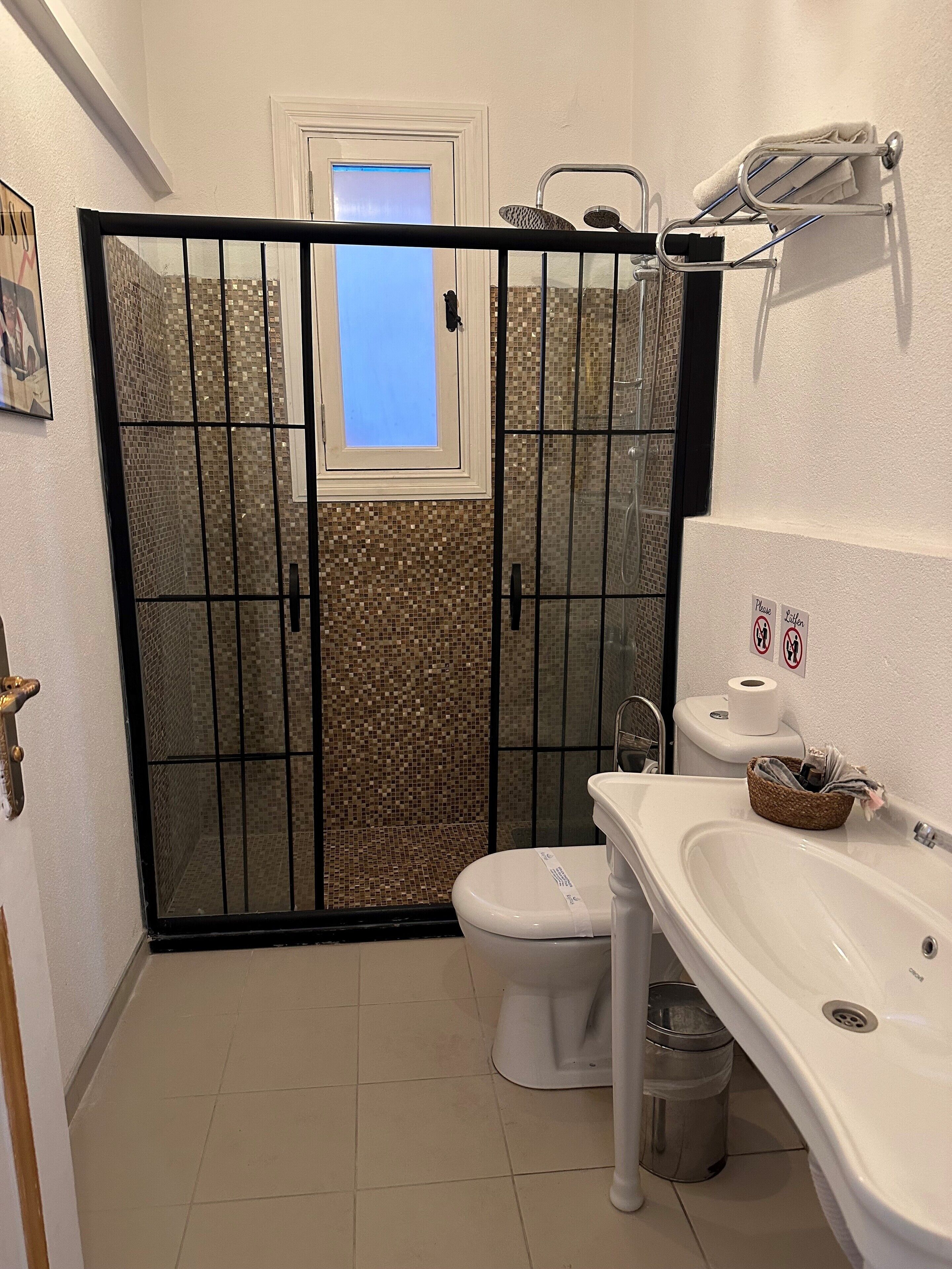Un baño con inodoro, lavamanos y zona de ducha.