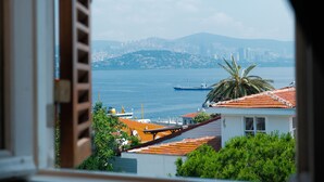 A coastal cityscape with a view of the sea, a ship, and a hill with buildings. - Laden Palas Hotel Buyukada (Adalar)