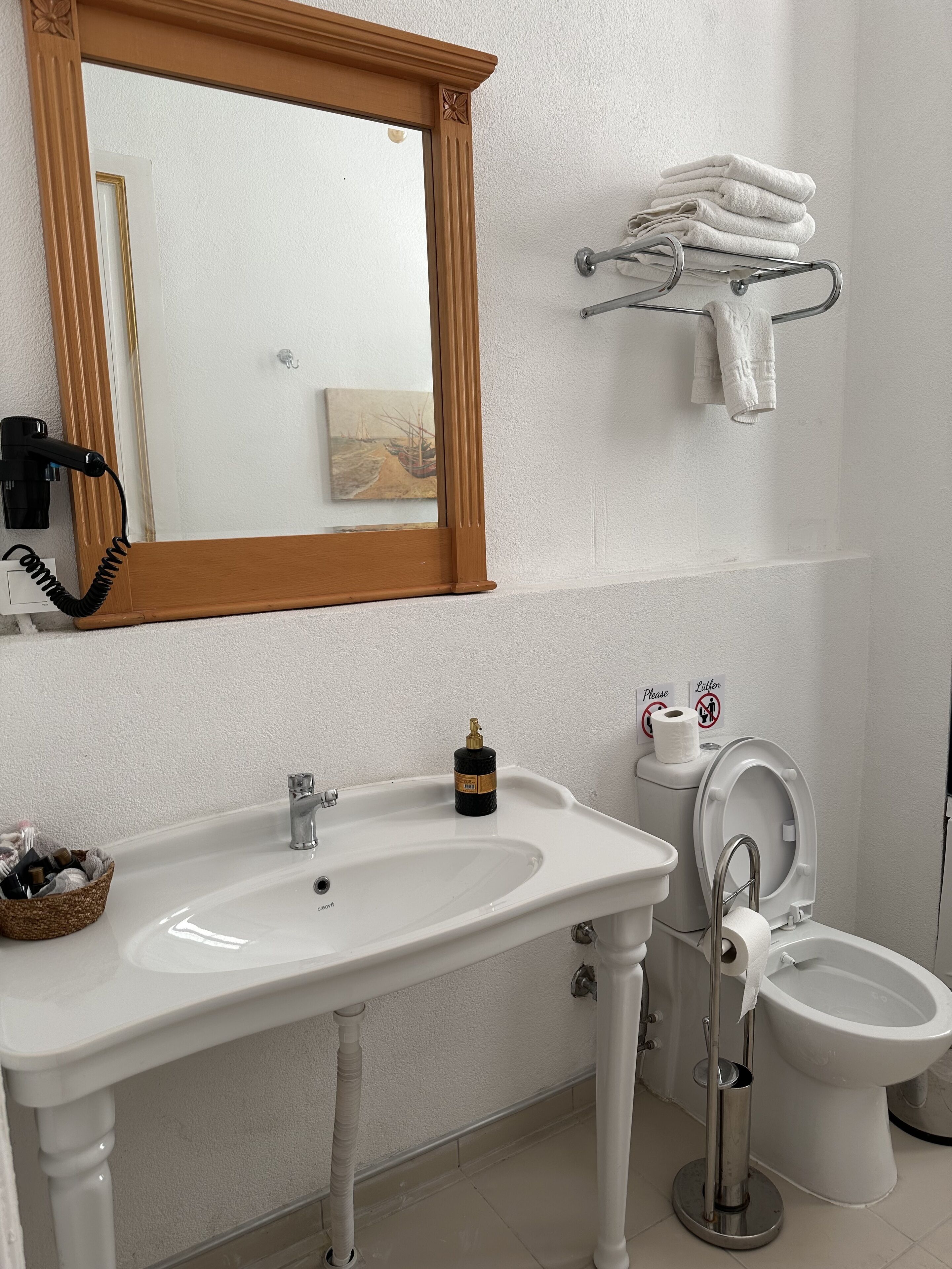 A bathroom with a white sink, a toilet, a mirror, and a towel rack.