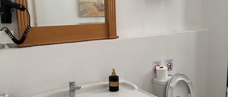 A bathroom with a white sink, a toilet, a mirror, and a towel rack.