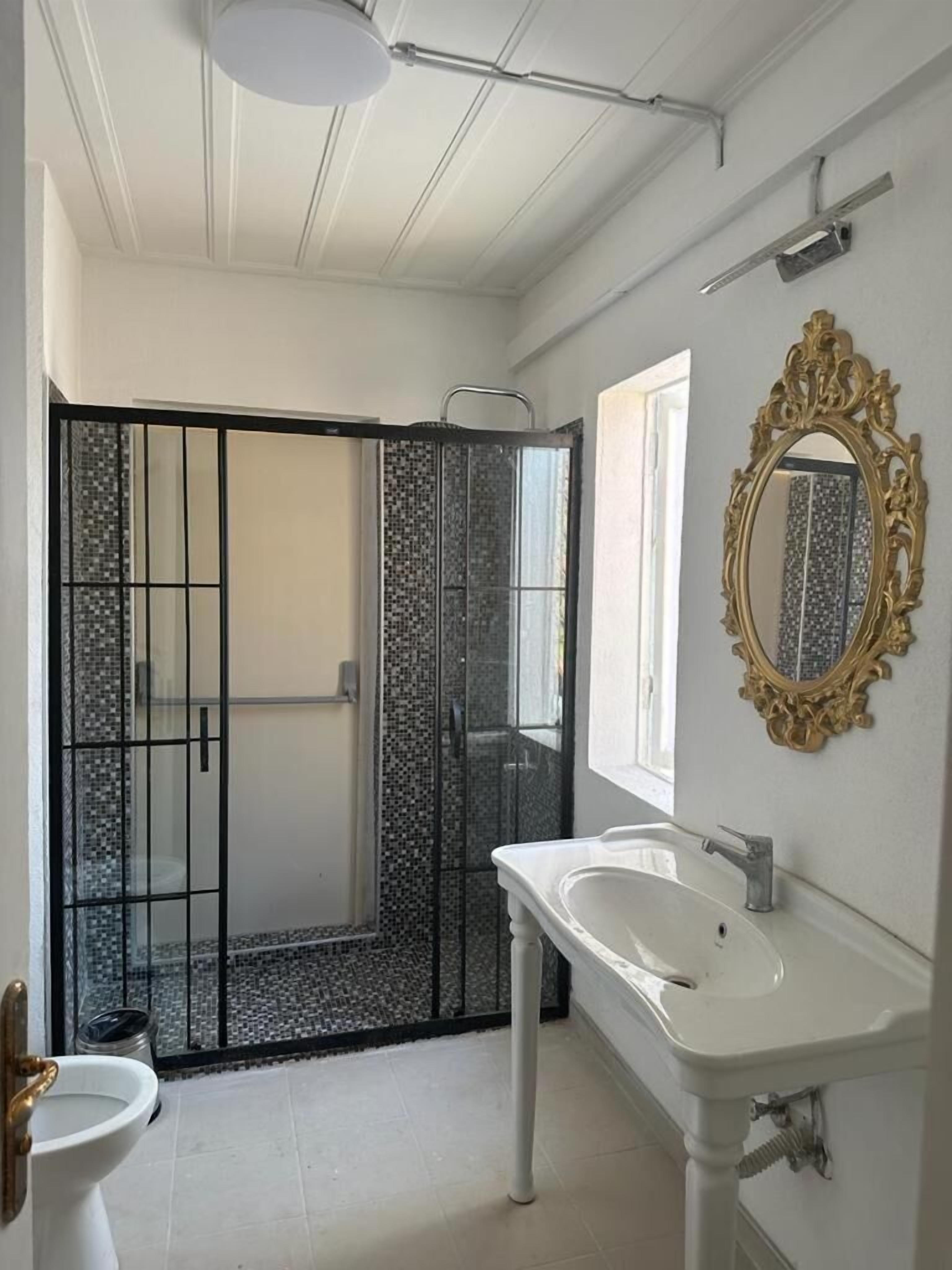 A bathroom with a shower, a sink, a toilet, and a mirror.