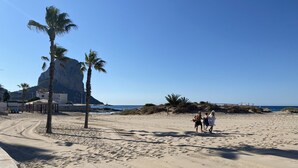 Ein Sandstrand mit Palmen und einem felsigen Felsen im Hintergrund.