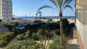 Blick auf einen Strand mit Palmen, einem Parkplatz und einem hohen Gebäude im Hintergrund.