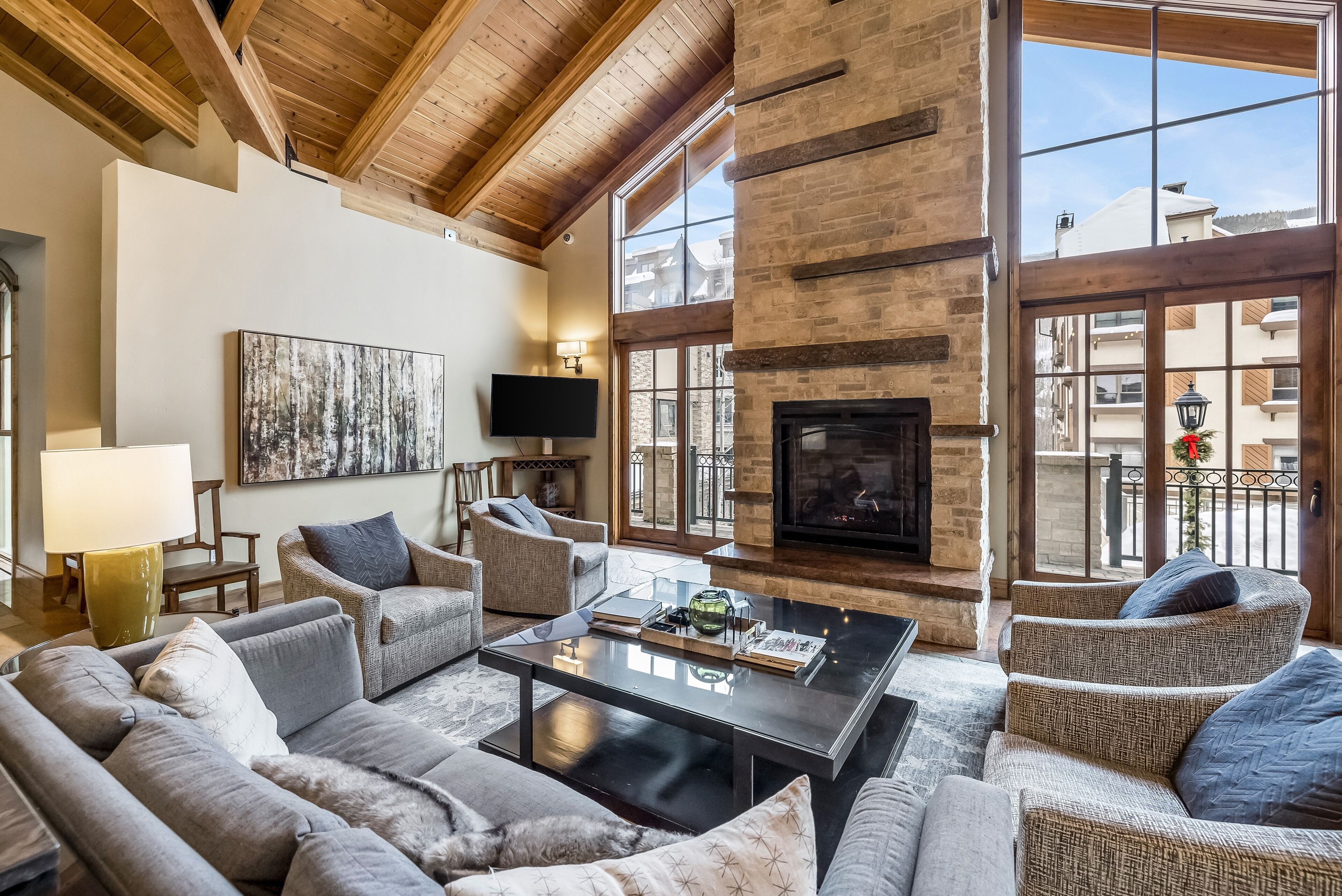 Televisión, chimenea y libros 