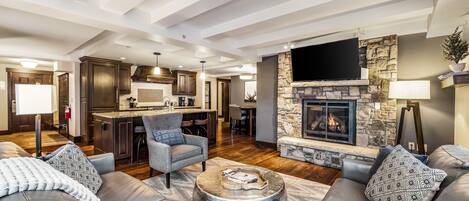 Smart TV, fireplace, books